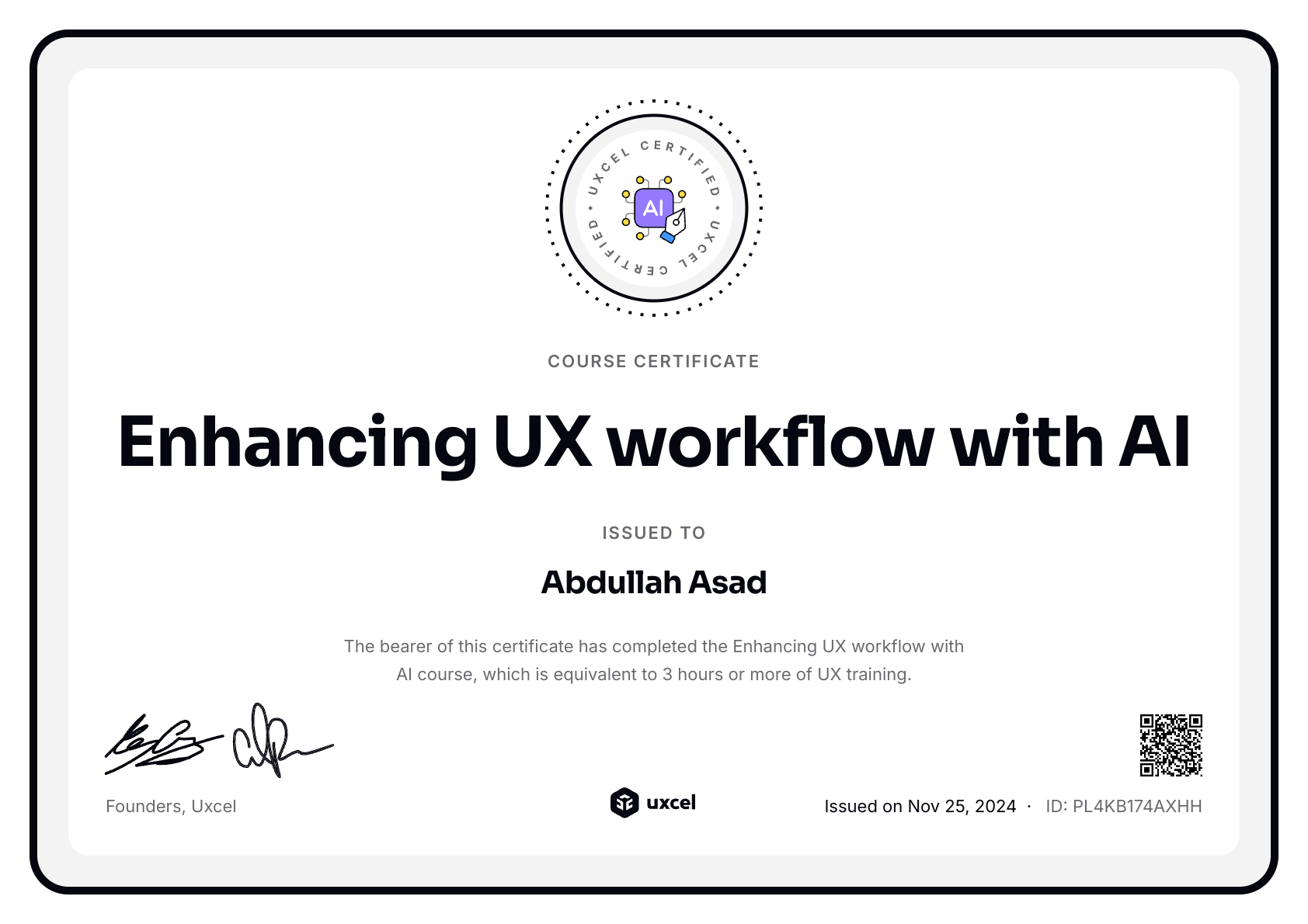 Abdullah Asad's certificate